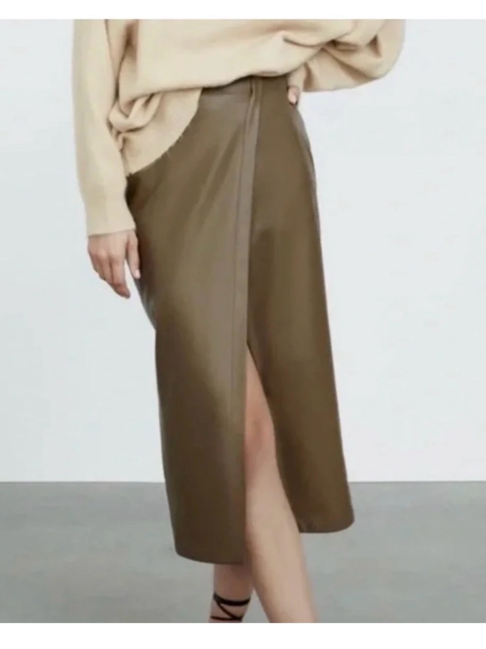 Zara Olive Faux-Leather Midi Skirt with Front Slit